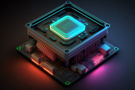 Electronic circuit board close up. Glowing microchip in macro. Futuristic circuit concept. Generative AIの素材