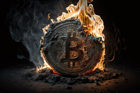 Bitcoin symbol in fire. Bitcoin sign burning. Digital electronic currency. Cryptocurrency. online banking. Generative AI.の素材