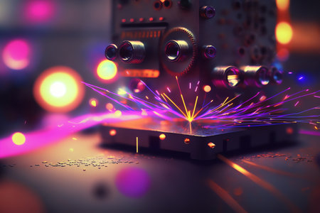 cutting of metal. Sparks fly from laser. Generative AI.の素材