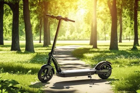 Electric scooter stand in autumn park. Generative AI.の素材