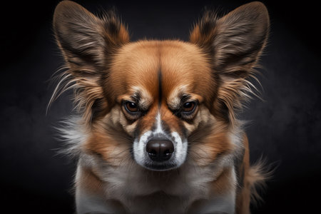 Angry dog on dark background. Aggressive dog barking close up. Generative AI.の素材