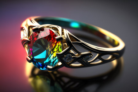 Engagement ring with gem. Wedding ring with shiny gemstone. Generative AIの素材
