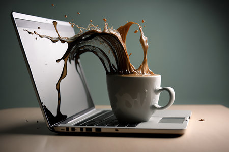 Notebook poured coffee from a cup. computer accident. Destroyed laptop with fluid. Coffee spilled on laptop keyboard. Spilling coffee on laptop. Generative AI.の素材