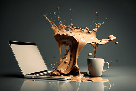 Notebook poured coffee from a cup. computer accident. Destroyed laptop with fluid. Coffee spilled on laptop keyboard. Spilling coffee on laptop. Generative AI.の素材