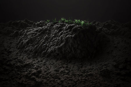Soil texture background. Black soil textured. Generative AI.の素材