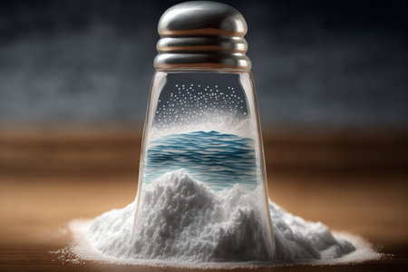 Salt shaker with sea salt. Sea wave inside of glass saltshaker. Generative AI.の素材