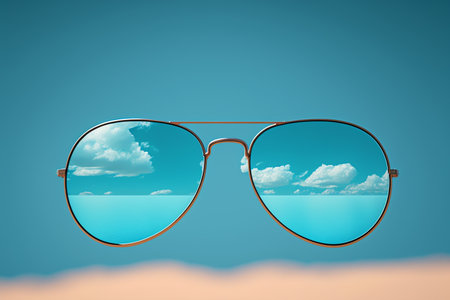 Sunglasses on the beach. Sunglasses with the sea and sky reflection. Blurry background. vision concept. Generative AI.の素材