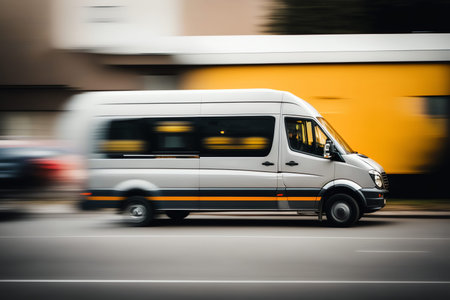 White modern delivery small shipment cargo courier van moving fast on motorway road. minibus driving. blurred image. Generative AI.の素材
