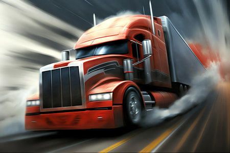 Truck with freight moving fast. Big truck driving on road. blurred image. Generative AIの素材