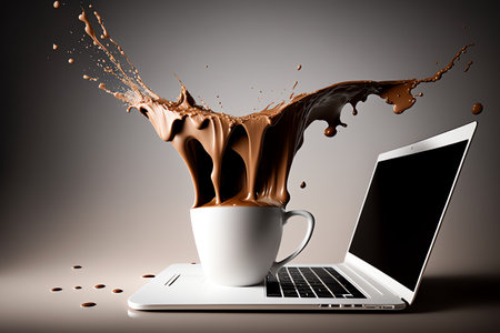 Notebook poured coffee from a cup. computer accident. Destroyed laptop with fluid. Coffee spilled on laptop keyboard. Spilling coffee on laptop. Generative AI.の素材