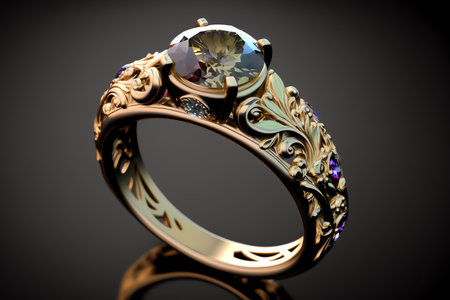 Engagement ring with gem. Wedding ring with shiny gemstone. Generative AIの素材