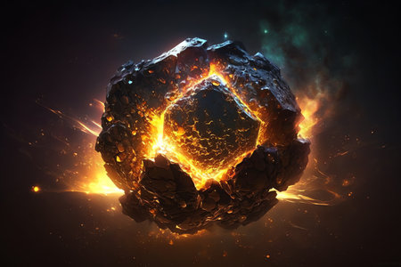Asteroid or meteorite burst with fire. Exploding big asteroid. Planet protection system. Generative AIの素材