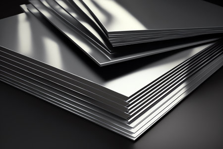 Sheets of metal in a stack in a warehouse. Stainless steel sheets on metalwork. Generative AIの素材