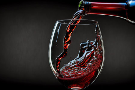 Red Wine pouring from bottle to wine Glass on dark background. Pouring red wine. Generative AI.の素材