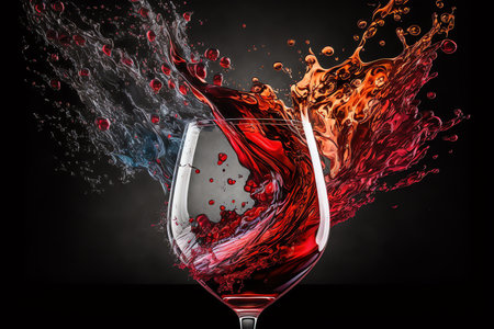 Wine glass with red wine splash on dark background. Pouring red wine. Generative AI.の素材