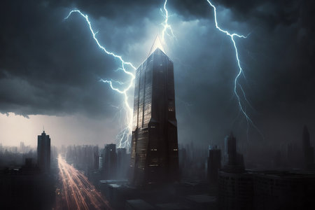 Bright lightning over city skyscraper. Generative AI.の素材