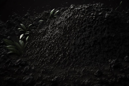 Soil texture background. Black soil textured. Generative AI.の素材
