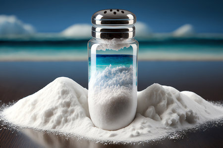 Salt shaker with sea salt. Sea wave inside of glass saltshaker. Generative AI.の素材