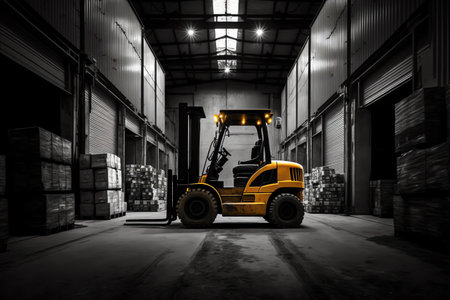 Forklift loader in storage warehouse ship yard. distribution products. delivery. Logistics. transportation. Generative AIの素材