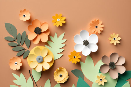 Paper flowers on pastel background. Spring flowers flat lay background. top view. Generative AIの素材
