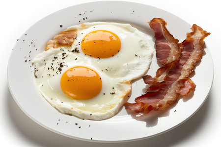 Fried eggs with bacon on white plate for healthy breakfast. Generative AI.の素材