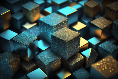Background filled with shiny golden cubes. glitter background. Generative AI.の素材