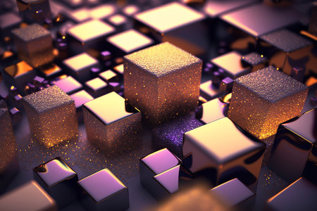 Background filled with shiny golden cubes. glitter background. Generative AI.の素材