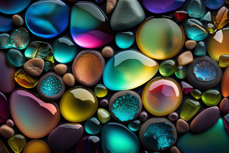 Multicolor stones Pebble background. Smooth round wet glass stones texture background. Generative AI.の素材