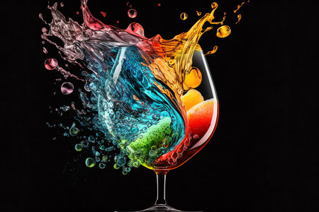 Colorful cocktail in glass with splashes on dark background. party club entertainment. Generative AI.の素材