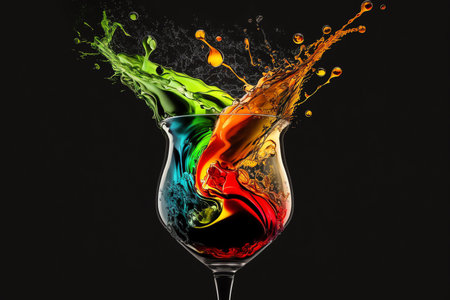Colorful cocktail in glass with splashes on dark background. party club entertainment. Generative AI.の素材