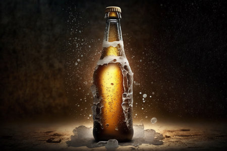Cold beer bottle. Beer bottle in ice. Generative AI.の素材