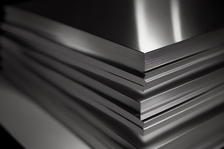 Sheets of metal in a stack in a warehouse. Stainless steel sheets on metalwork. Generative AIの素材