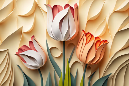 Tulip flower background. Beautiful paper tulip close up. Generative AI.の素材