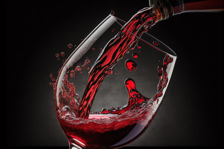 Red Wine pouring from bottle to wine Glass on dark background. Pouring red wine. Generative AI.の素材