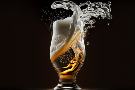 Glass of beer with splash. Beer splashes on dark background. Pouring beer. Generative AI.の素材