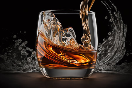 Glass of whiskey with splash on dark background. Whiskey splashes. Generative AI.の素材