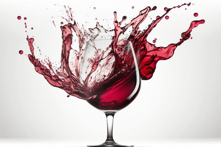 Wine glass with red wine splash. Pouring red wine. Generative AI.の素材