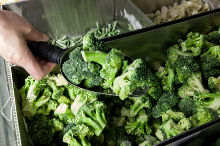 Frozen broccoli in the shop fridge. Female hand holding scoop with broccoli in supermarketの写真素材