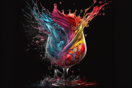 Colorful cocktail in glass with splashes on dark background. party club entertainment. Generative AI.の素材