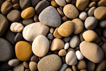Pebble beach background. Smooth round wet pebbles texture background. Pebble sea beach close-up. Generative AI.の素材