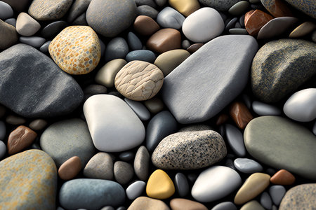 Pebble beach background. Smooth round wet pebbles texture background. Pebble sea beach close-up. Generative AI.の素材