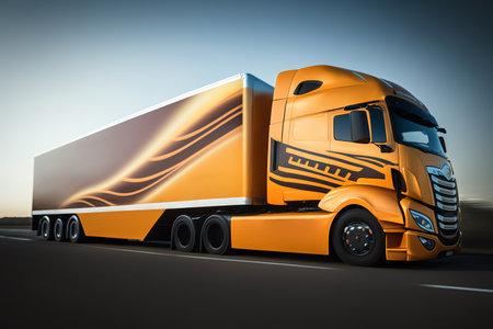 Truck with freight moving fast. Big truck driving on road. blurred image. Generative AIの素材