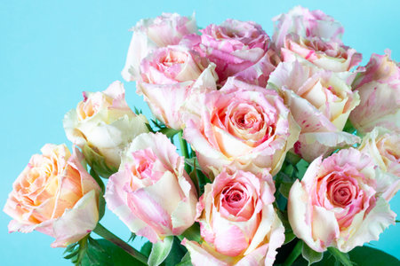 Fiesta rose bouquet. Marble rose. Background of pink orange and peach roses.の写真素材