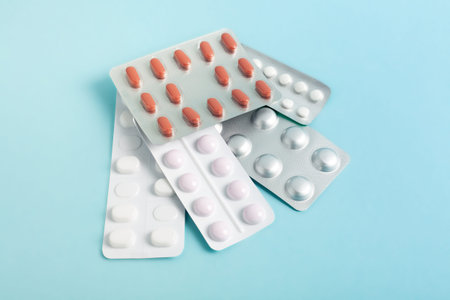 Pile of various pills and tablets in a blister packs. healthcare and medicine concept. Pills...