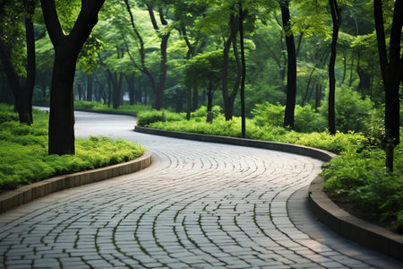 Scenic stone path among tall trees in the park, serene and inviting for a peaceful stroll. Generative AIの素材