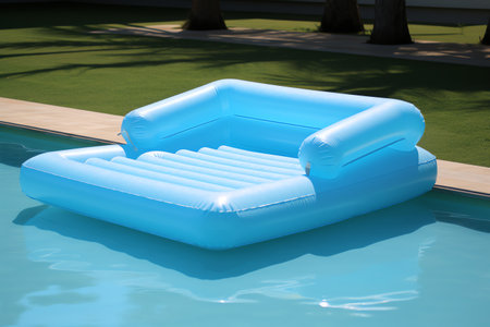 Floating inflatable mattress in crystal pool, inviting leisure and calm enjoyment. Generative AIの素材