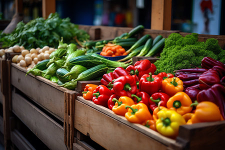 Colorful vegetable crates arranged neatly on market display. Fresh produce in wooden boxes at the food market. Generative AIの素材