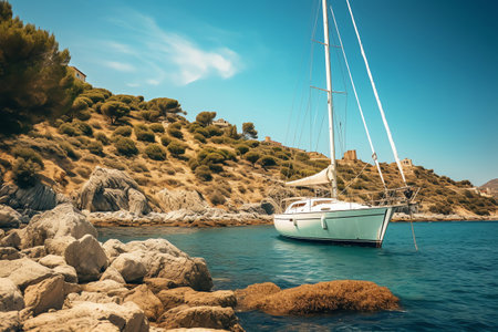 White yacht moored in turquoise sea near shore. Relaxing coastal view, perfect for vacation ads. Generative AIの素材
