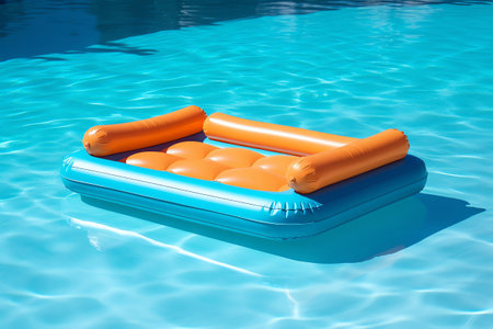 Floating inflatable mattress in crystal pool, inviting leisure and calm enjoyment. Generative AIの素材
