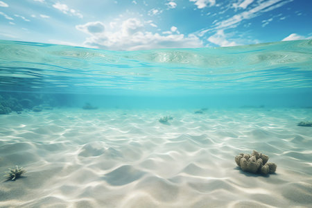 Crystal-clear seawater with sandy seabed and radiant sunlight piercing through, capturing the vibrant marine life below in a serene underwater setting. Generative AIの素材